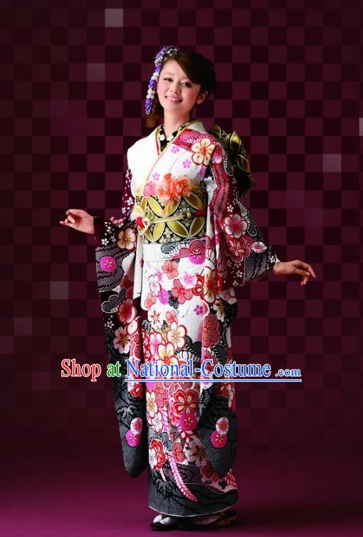 Japanese Traditional Printing Sakura Furisode Kimono Asian Japan Costume Geisha Yukata Dress for Women