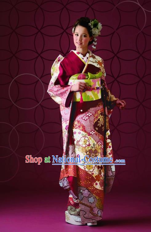 Japanese Traditional Printing Iromuji Wine Red Furisode Kimono Asian Japan Costume Geisha Yukata Dress for Women