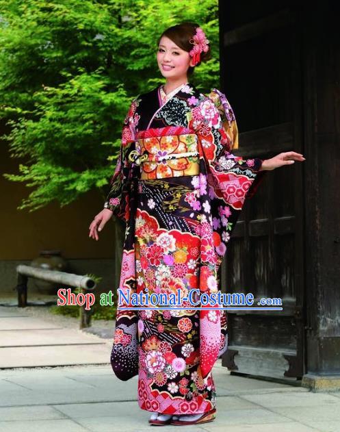 Japanese Traditional Printing Peony Iromuji Black Furisode Kimono Asian Japan Costume Geisha Yukata Dress for Women