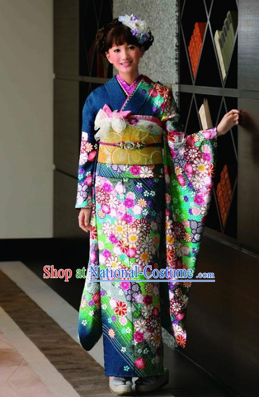 Japanese Traditional Printing Iromuji Peacock Blue Furisode Kimono Asian Japan Costume Geisha Yukata Dress for Women