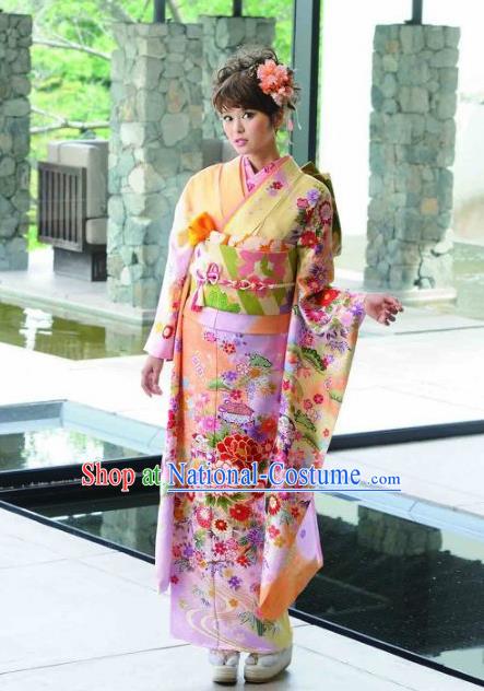 Japanese Traditional Printing Peony Iromuji Yellow Furisode Kimono Asian Japan Costume Geisha Yukata Dress for Women