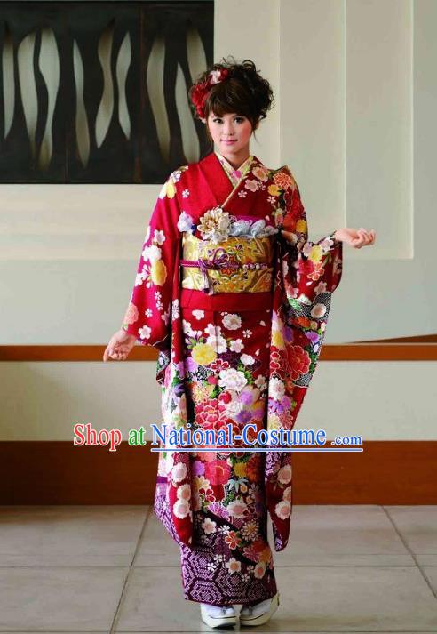 Japanese Traditional Printing Peony Iromuji Red Furisode Kimono Asian Japan Costume Geisha Yukata Dress for Women