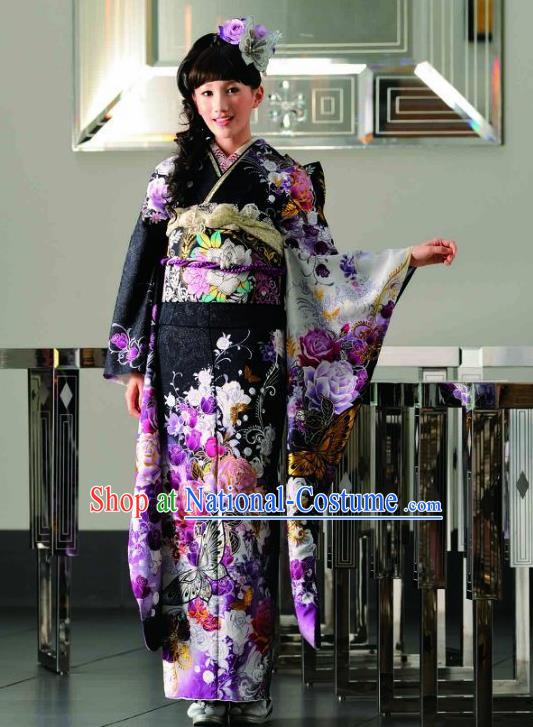 Japanese Traditional Printing Roses Iromuji Black Furisode Kimono Asian Japan Costume Geisha Yukata Dress for Women