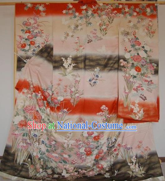 Japanese Traditional Printing Pink Silk Furisode Kimono Asian Japan Costume Geisha Yukata Dress for Women