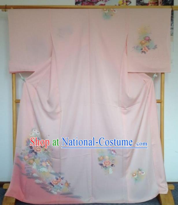 Japanese Traditional Printing Flowers Pink Furisode Kimono Asian Japan Costume Geisha Yukata Dress for Women