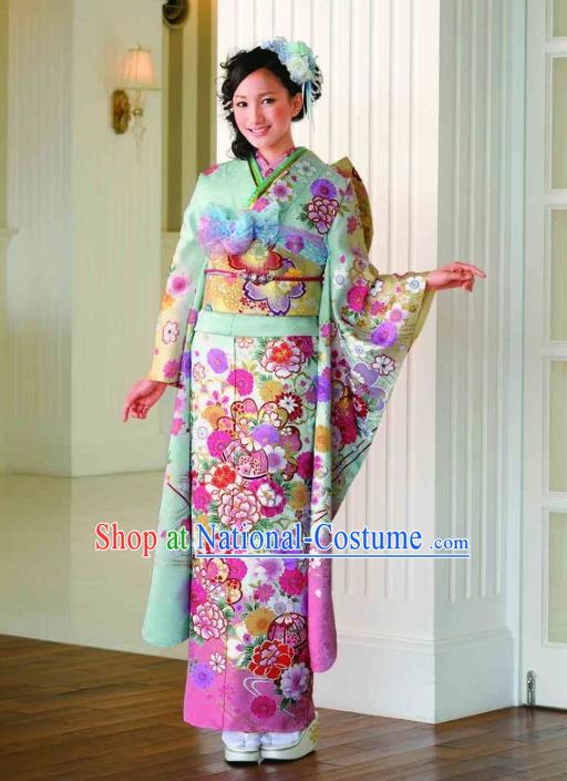 Japanese Traditional Printing Peony Iromuji Light Green Furisode Kimono Asian Japan Costume Geisha Yukata Dress for Women