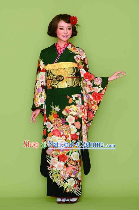 Japanese Traditional Printing Iromuji Atrovirens Furisode Kimono Asian Japan Costume Geisha Yukata Dress for Women