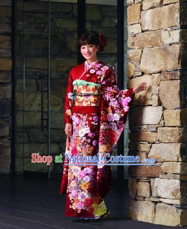 Japanese Traditional Printing Iromuji Red Furisode Kimono Asian Japan Costume Geisha Yukata Dress for Women