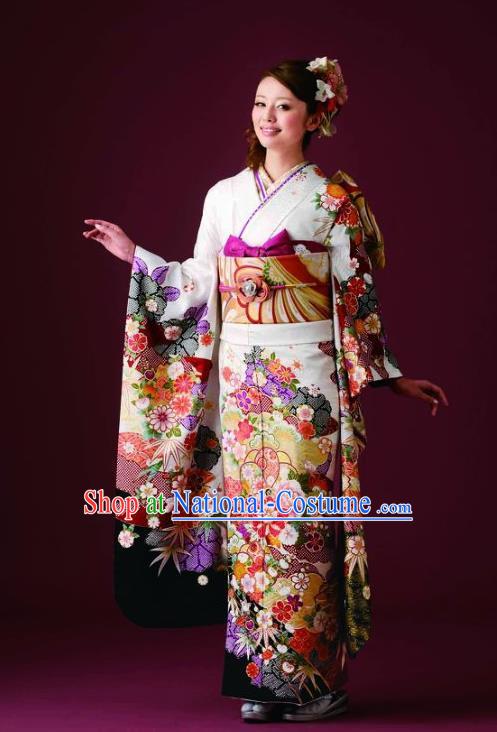 Japanese Traditional Printing Iromuji White Furisode Kimono Asian Japan Costume Geisha Yukata Dress for Women