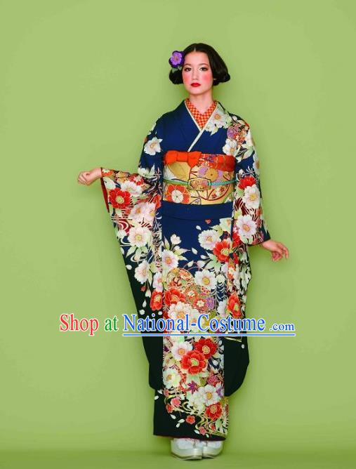 Japanese Traditional Printing Iromuji Navy Furisode Kimono Asian Japan Costume Geisha Yukata Dress for Women