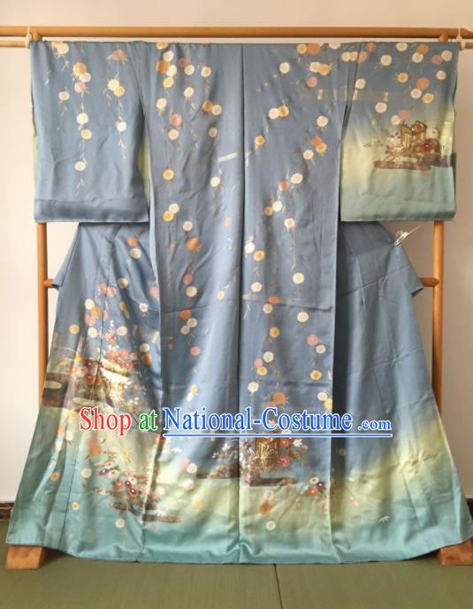 Japanese Traditional Printing Blue Furisode Kimono Asian Japan Costume Geisha Yukata Dress for Women