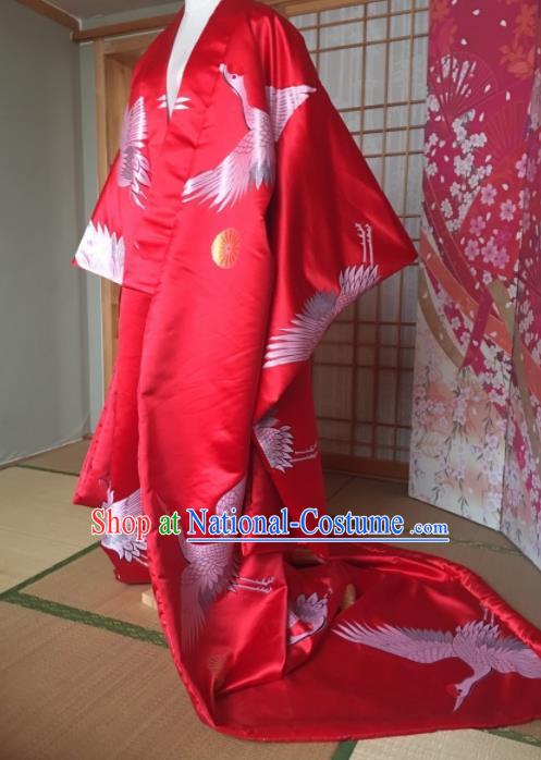 Japanese Traditional Courtesan Red Silk Furisode Kimono Asian Japan Costume Geisha Yukata Dress for Women