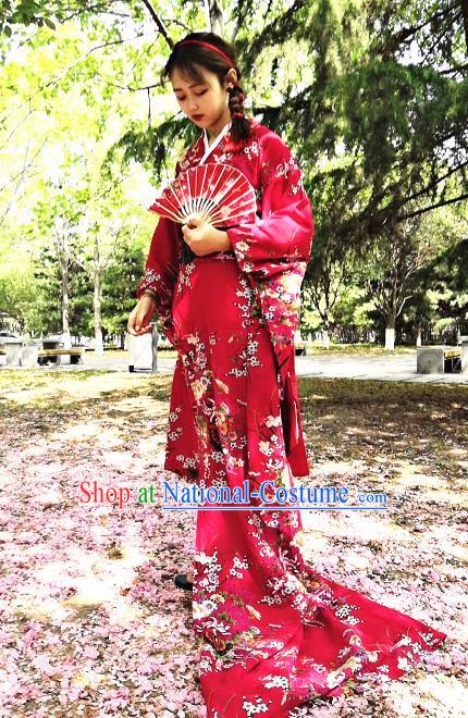 Japanese Traditional Court Courtesan Red Furisode Kimono Asian Japan Costume Geisha Yukata Dress for Women