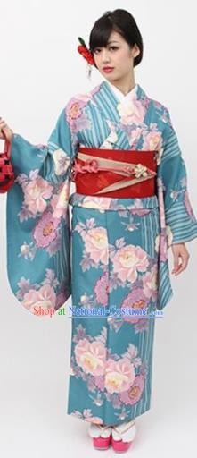 Japanese Traditional Printing Peony Green Kimono Asian Japan Costume Geisha Yukata Dress for Women