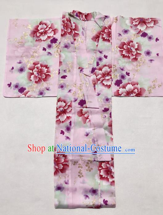 Traditional Japanese Classical Printing Peony Pink Kimono Asian Japan Costume Geisha Yukata Dress for Women