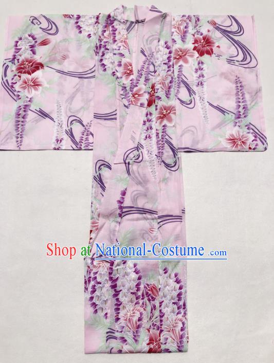 Traditional Japanese Classical Printing Wisteria Pink Kimono Asian Japan Costume Geisha Yukata Dress for Women