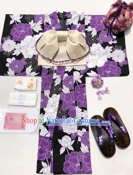 Traditional Japanese Classical Printing Purple Peony Kimono Asian Japan Costume Geisha Yukata Dress for Women