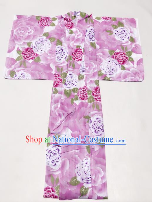 Traditional Japanese Classical Printing Peony Pink Formal Kimono Asian Japan Costume Geisha Yukata Dress for Women