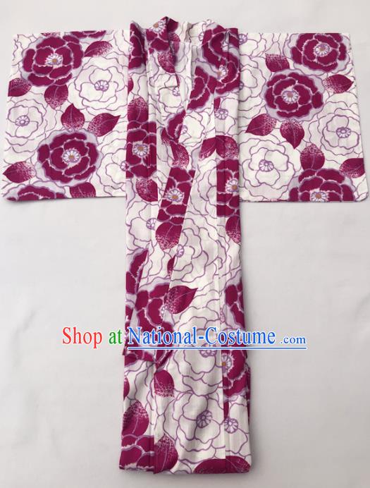 Traditional Japanese Classical Printing Wine Red Peony Kimono Asian Japan Costume Geisha Yukata Dress for Women