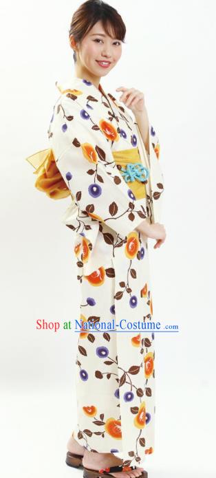 Traditional Japanese Classical Printing Frangipani Kimono Asian Japan Costume Geisha Yukata Dress for Women