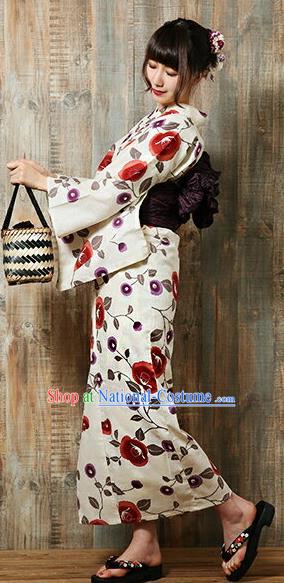 Traditional Japanese Classical Printing Red Flowers Kimono Asian Japan Costume Geisha Yukata Dress for Women