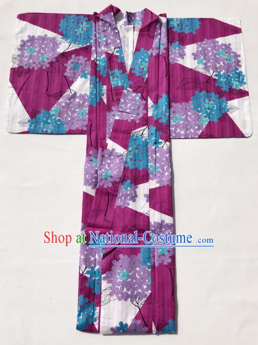 Traditional Japanese Classical Printing Hydrangea Wine Red Kimono Asian Japan Costume Geisha Yukata Dress for Women