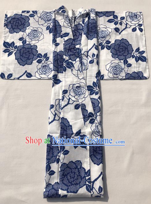 Japanese Classical Printing Blue Roses Kimono Asian Japan Traditional Costume Geisha Yukata Dress for Women