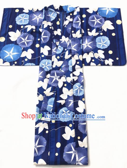 Japanese Classical Printing Petunia Navy Kimono Asian Japan Traditional Costume Geisha Yukata Dress for Women