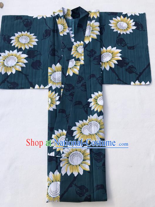 Japanese Classical Printing Sunflowers Atrovirens Kimono Asian Japan Traditional Costume Geisha Yukata Dress for Women