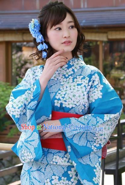 Japanese Classical Printing Hydrangea Blue Kimono Asian Japan Traditional Costume Geisha Yukata Dress for Women