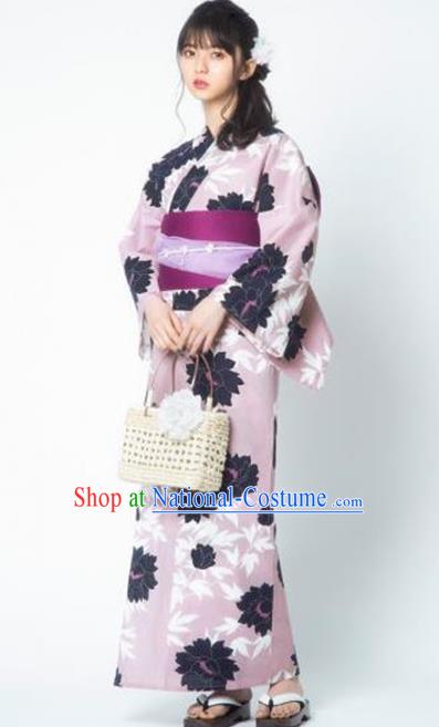 Traditional Japanese Classical Printing Pink Kimono Asian Japan Costume Geisha Yukata Dress for Women