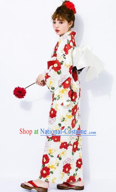 Traditional Japanese Classical Printing Red Camellia Kimono Asian Japan Costume Geisha Yukata Dress for Women