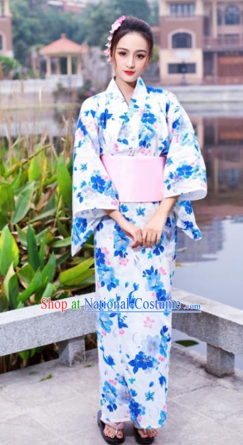 Japanese Traditional Classical Printing Peony White Kimono Asian Japan Costume Geisha Yukata Dress for Women