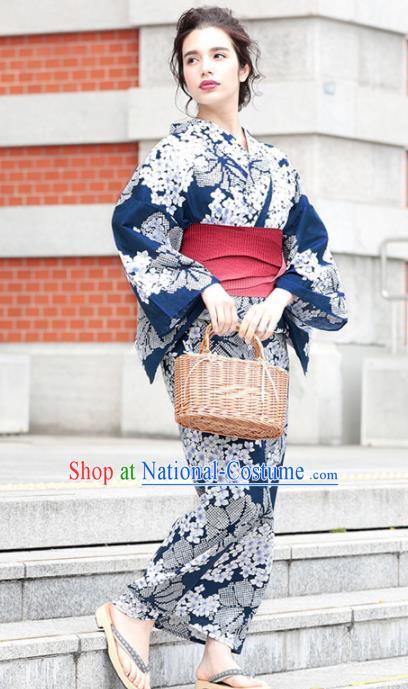 Traditional Japanese Classical Printing Sakura Navy Kimono Asian Japan Costume Geisha Yukata Dress for Women