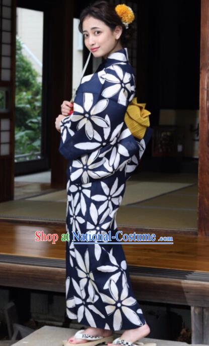 Japanese Traditional Classical Printing Navy Kimono Asian Japan Costume Geisha Yukata Dress for Women