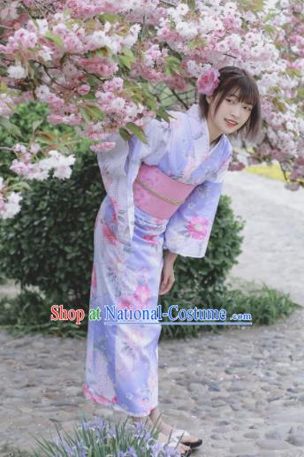 Japanese Classical Printing Flowers Light Purple Kimono Asian Traditional Japan Costume Geisha Yukata Dress Complete Set for Women