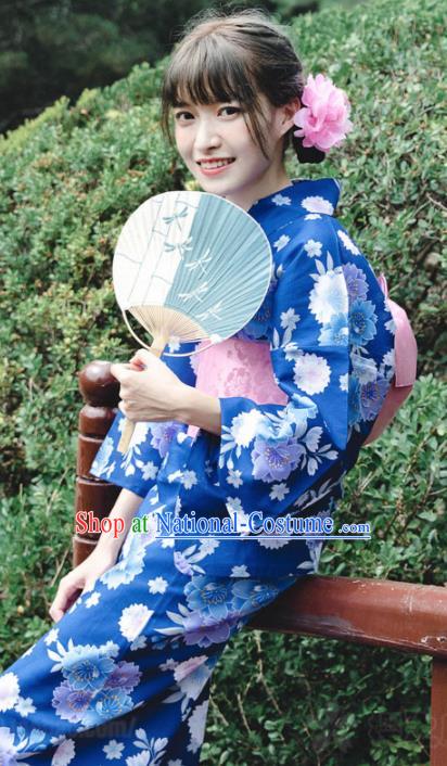 Japanese Classical Printing Flowers Blue Kimono Asian Traditional Japan Costume Geisha Yukata Dress Complete Set for Women