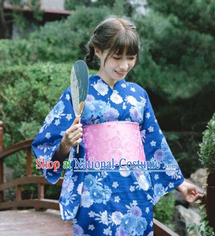 Japanese Classical Printing Flowers Blue Kimono Asian Traditional Japan Costume Geisha Yukata Dress Complete Set for Women