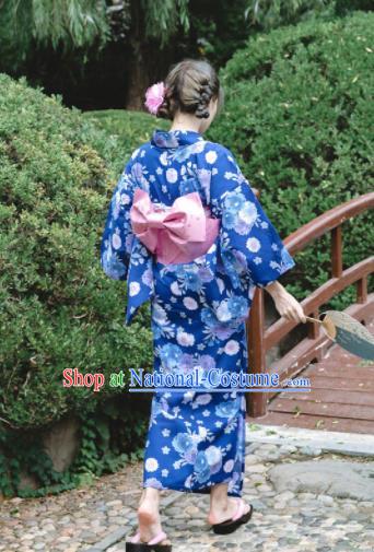 Japanese Classical Printing Flowers Blue Kimono Asian Traditional Japan Costume Geisha Yukata Dress Complete Set for Women