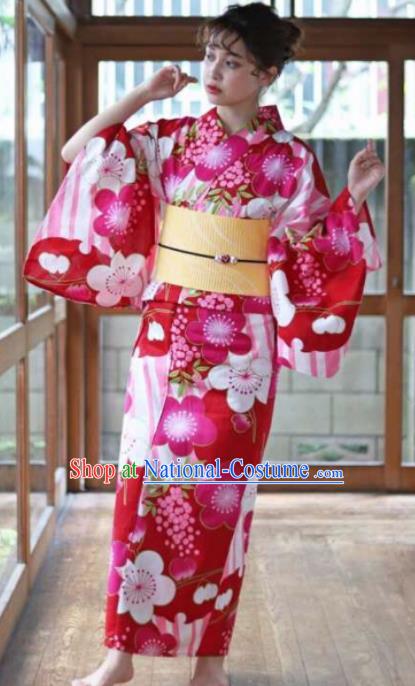 Japanese Traditional Printing Sakura Rosy Kimono Asian Japan Costume Geisha Yukata Dress for Women