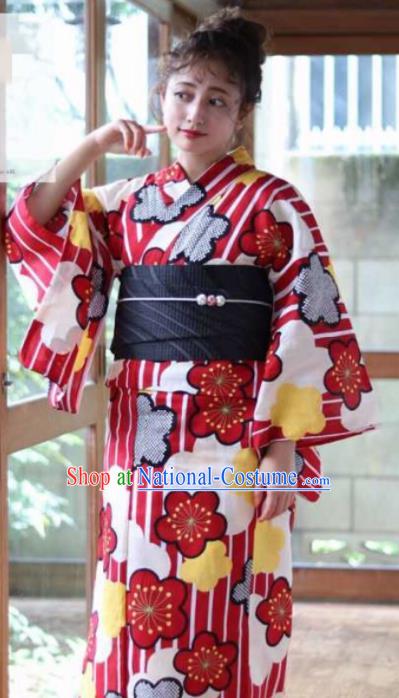 Japanese Traditional Printing Red Sakura Kimono Asian Japan Costume Geisha Yukata Dress for Women