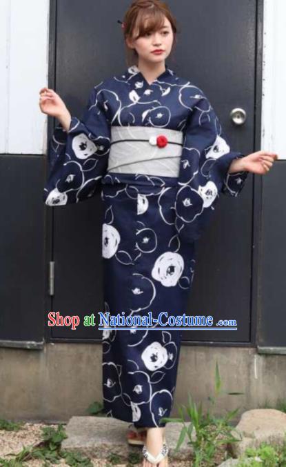 Japanese Traditional Printing Navy Kimono Asian Japan Costume Geisha Yukata Dress for Women