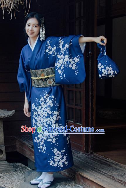 Traditional Japanese Classical Printing Sakura Royalblue Kimono Asian Japan Costume Geisha Yukata Dress for Women