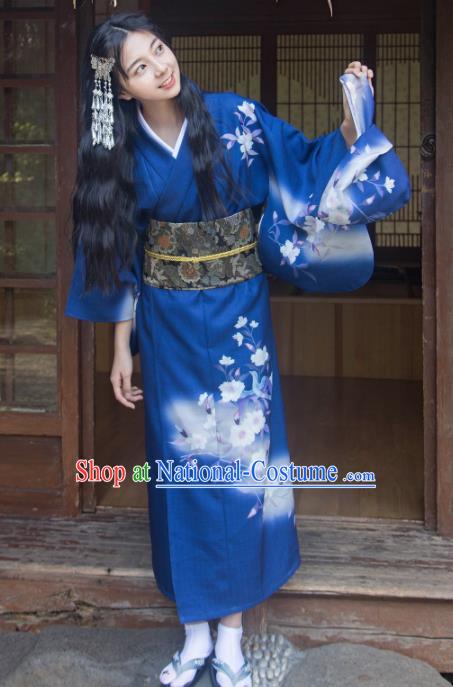 Traditional Japanese Classical Printing Flowers Royalblue Kimono Asian Japan Costume Geisha Yukata Dress for Women