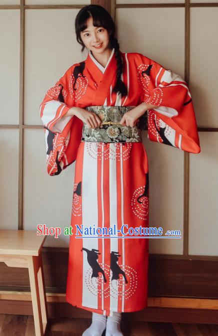 Traditional Japanese Classical Printing Red Kimono Asian Japan Costume Geisha Yukata Dress for Women