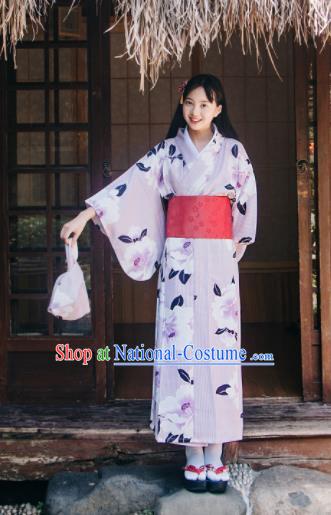 Traditional Japanese Classical Printing Camellia Violet Kimono Asian Japan Costume Geisha Yukata Dress for Women