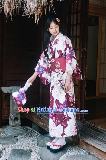 Traditional Japanese Classical Printing Sakura Wine Red Kimono Asian Japan Costume Geisha Yukata Dress for Women