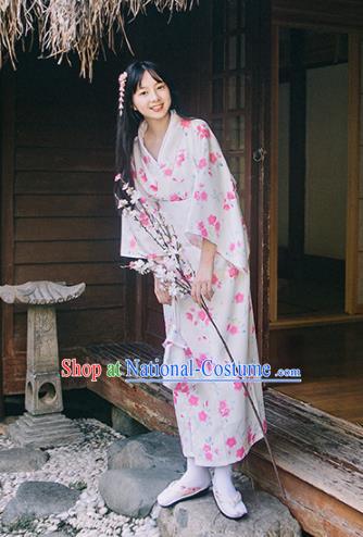 Traditional Japanese Classical Printing Sakura White Kimono Asian Japan Costume Geisha Yukata Dress for Women