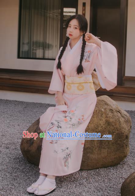 Traditional Japanese Classical Printing Orchid Pink Kimono Asian Japan Costume Geisha Yukata Dress for Women