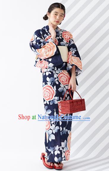 Japanese Classical Printing Roses Navy Kimono Asian Japan Traditional Costume Geisha Yukata Dress for Women